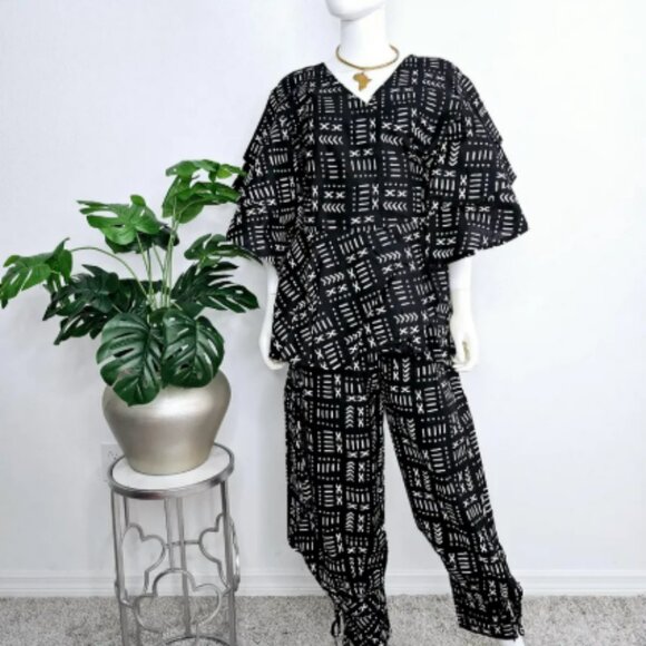 African Print Harem Pants Set / Wrap Blouse Ruffle Sleeves / Headwrap 3 Piece Se - Picture 4 of 9